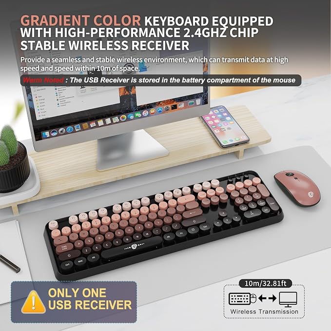 Wireless Keyboard and Mouse Combo, Retro Typewriter Style Keyboard with Round Keys, 2.4G Wireless Cute Keyboard and Mouse Set for PC, Laptop and Desktop-Black and Rose Gold - Image 2
