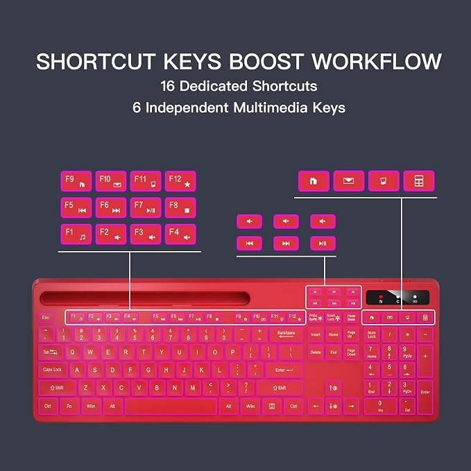 Soueto Wireless Keyboard with 7-Color RGB Backlit, Full-Size Computer Keyboard with Phone Tablet Holder, 2.4G Rechargeable Gaming Keyboard with Light Up Keys, Compatible with Mac, Windows (Red) - Image 5