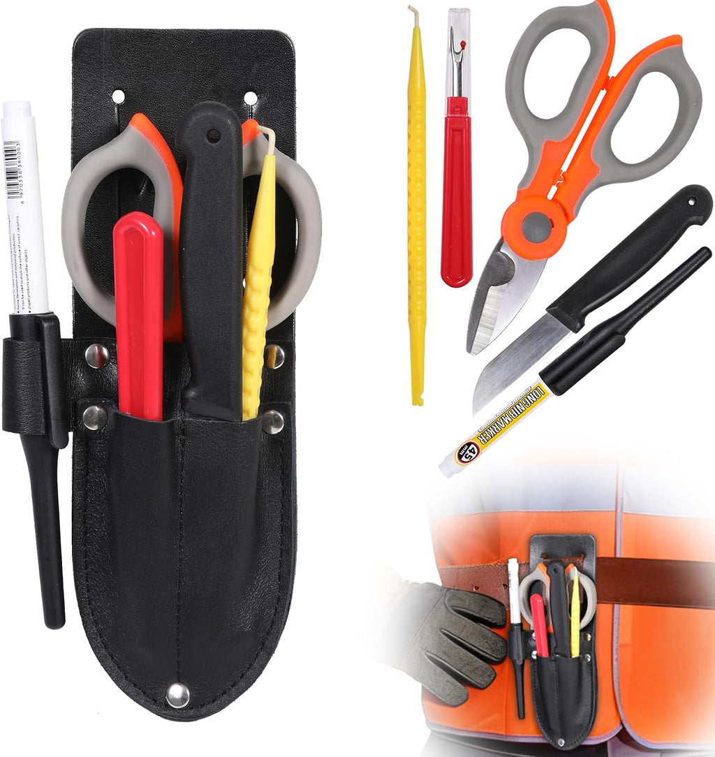 Upgraded 6 Pcs Cable Splicer Kit with Genuine Leather Pouch, Electrician Scissors, Splicing Knife, Buffer Tube Ripper, Spudger & Deep Hole Marker, Heavy Duty Telecom Tool Set for Technicians by Vizava