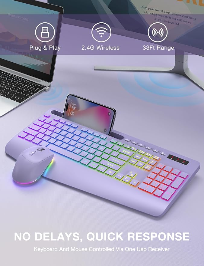 Wireless Keyboard and Mouse Combo, 9 Backlit Effects, RGB, 2.4GHz | Ergonomic Wrist Rest, Phone Holder, Rechargeable, Full Size, KM22 MAX Silent Set for Computer, Laptop, Mac, Windows (Purple) - Image 7