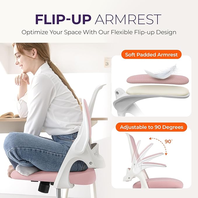 NEO CHAIR Office Desk Chair, Ergonomic Mesh with Flip-Up Armrests, Pink | Lumbar Support, Height Adjustment, 360° Swivel and Rolling Base, Space-Saving Design for Home Office, Vanity or Study - Image 5