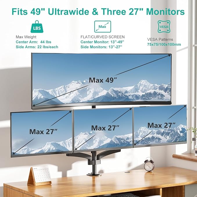 WALI Stacked 4 Monitor Mount for Max 49" UItrawides and Three 27" Monitors | Tall Quad Monitor Stand up to 44lbs, Full Motion with Tilt, Swivel, C-Clamp & Grommet Base, VESA 75/100mm (GSDM004S-P), Black - Image 2