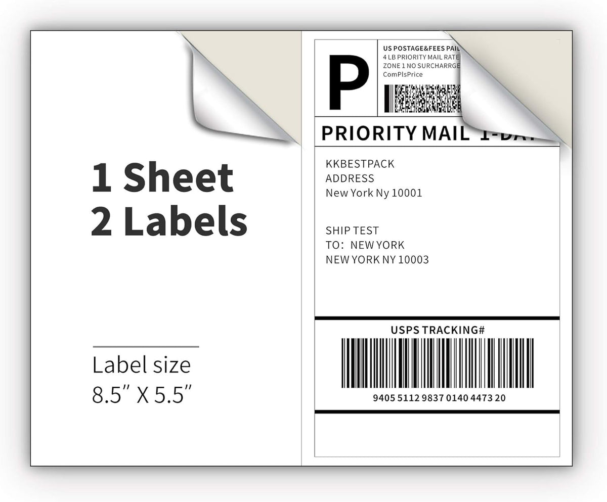 Half Sheet Shipping Labels for Laser and Inkjet Printers – 2 Per Page Self Adhesive Mailing Labels for Packages – White 8.5 x 5.5 Postage Labels for Shipping Boxes (2000 Labels) (KK2LP) by KKBESTPACK