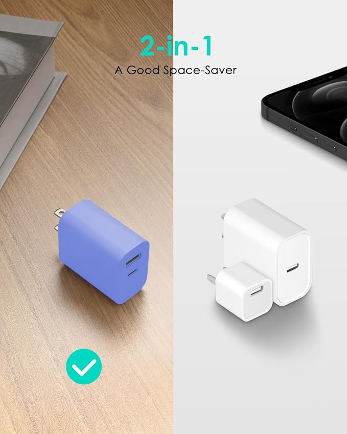 [4 Pack] USB C Charger Block Fast Charging Multiport Adpater [PD 20W USB-C & QC 3.0 USB-A Port] for iPhone 17/16/15/14/13/12/11/X/9, iPad, Galaxy, Google & More [Ultramarine] - Image 4