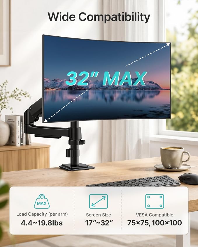 Single Monitor Arm for 17-32 Inch Screens, Holds up to19.8 lbs | Desk Monitor Mount with Clamp and Grommet Base,Gas Spring Monitor Stand,Full Motion Monitor Arms for Home Office - Image 2