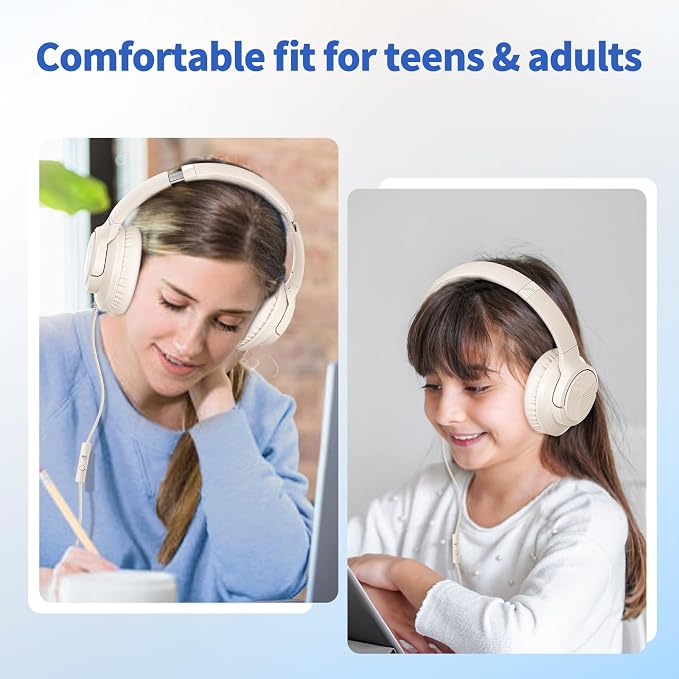 Botesty Sound Headphones Wired with Microphone, Over Ear Foldable 3.5mm Plug in Headphones Corded with 4.9ft Tangle-Free Nylon Cord for Tablet, Laptop, MP3/4, School, Airplane Travel (Beige) - Image 5