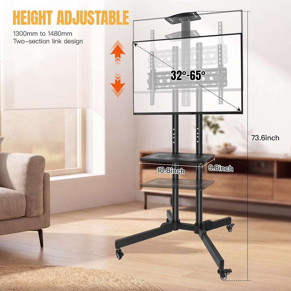 Mobile TV Stand for 32-75" TVs, Rolling Cart with Wheels - Image 4