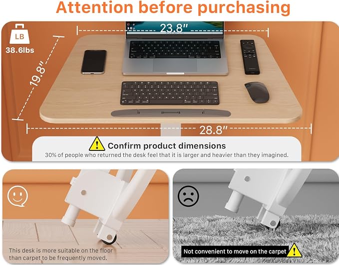 JOY worker Foldable Mobile Standing Desk, 90° Tilt Rolling Laptop Desk, Oak | Tiltable MDF Laptop Desk, Portable Cart with Hidden Wheels & Low Base, Collapsible for Storage, Holds 22lbs, Home Office - Image 3
