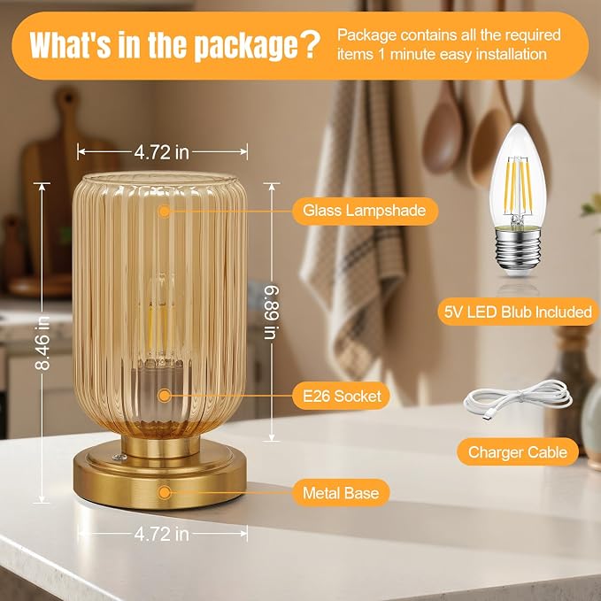 LightRound Cordless Table Lamp for Bedroom, Touch Stepless Dimmable, Modern | 7500mAh Rechargeable Battery, Amber Glass Shade, Brushed Gold Base, Bulb Included, Wireless Lamp for Desk, Living Room - Image 5