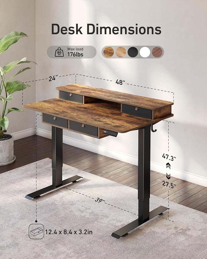 CubiCubi 48" x 24" Standing Electric Desk with Drawers, Vintage Brown | Height Adjustable Workstation, Computer Sit Stand Up Office Table with Large Storage Shelf, 4 Drawers and 2 Hooks - Image 3