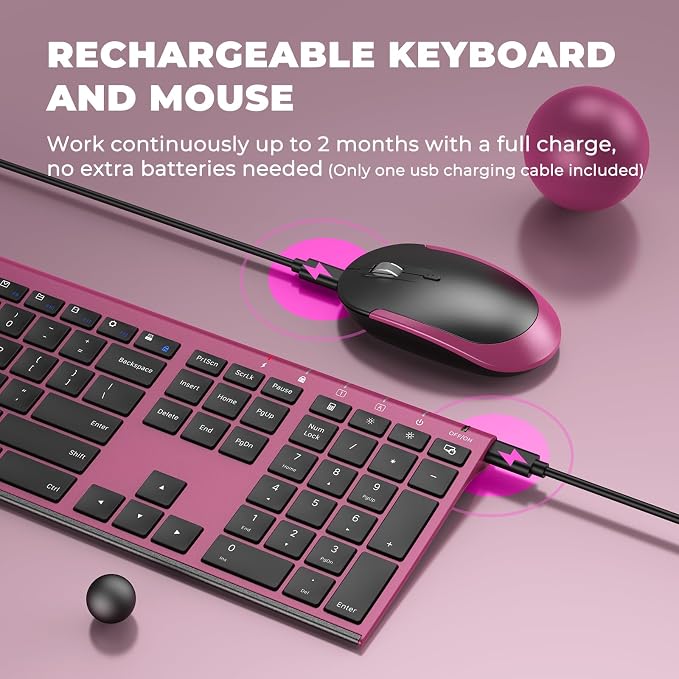 Vssoplor Wireless Keyboard and Mouse, Rechargeable Ultra Slim, Wine Red | Quiet Full-Size Keyboard and Mouse Combo Set, for Laptop, PC, Notebook, Desktop, 2.4GHz Stable Connection, Ideal for Office - Image 5