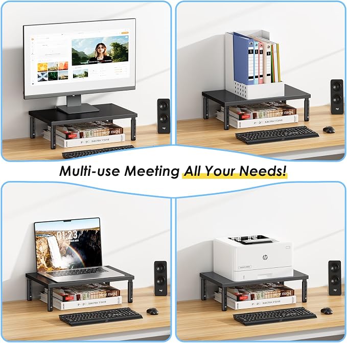 ECOLOVI Adjustable Wood Computer Monitor Stand Riser, Office Desk Organizer and Accessories for Monitor, Laptop, PC, Printer, Office Desk Accessories Workspace Organizer for Home Office Supplies, Black - Image 5