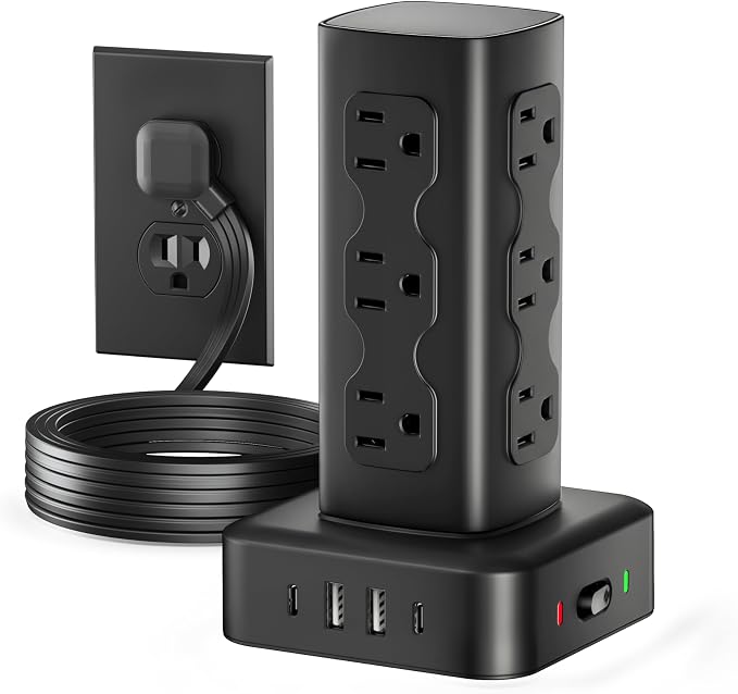 Power Strip Tower with 12 AC Outlets & 4 USB Ports(2 USB C), 6FT Cord | 16-in-1 Flat Plug Charging Station Tower , 6FT Extension Cord for Home Office Dorm, Black by olcorife
