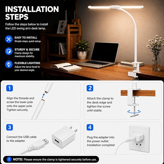 Desk Lamps for Home Office, Computer Light Bar, Double Head, White | Eye-Care Architect Light with Clamp, 3 Color Modes 10 Brightness, Adjustable for Reading, Study, Workbench - Image 9