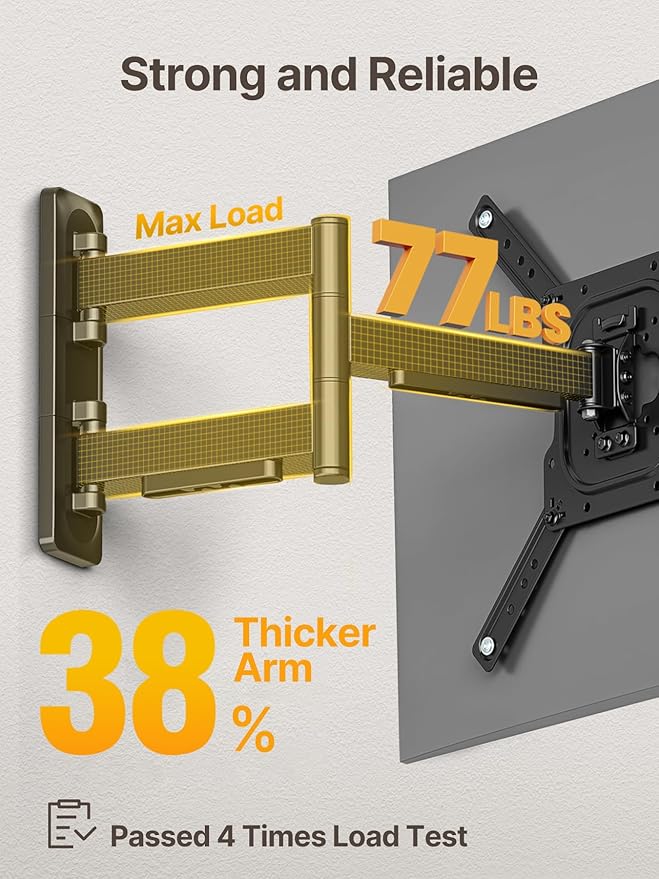 monTEK Full Motion TV Wall Mount Bracket for 23-65 Inch TVs up to 77 lb | Single-stud articulating arm extends 17 in; corner mount, swivel, tilt, retracts to 2.08 in, 4X load tested, VESA 400x400 mm - Image 3