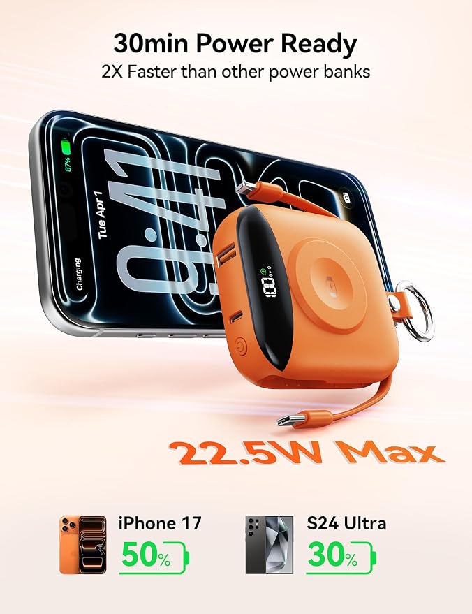 Portable Charger 10000mAh 22.5W Power Bank Built-in 2 Cables Keychain | Charge 5 Devices, TSA approved, Travel Fast Charging Battery Pack for iPhone Samsung Google Android & iWatch Charger, Orange - Image 6
