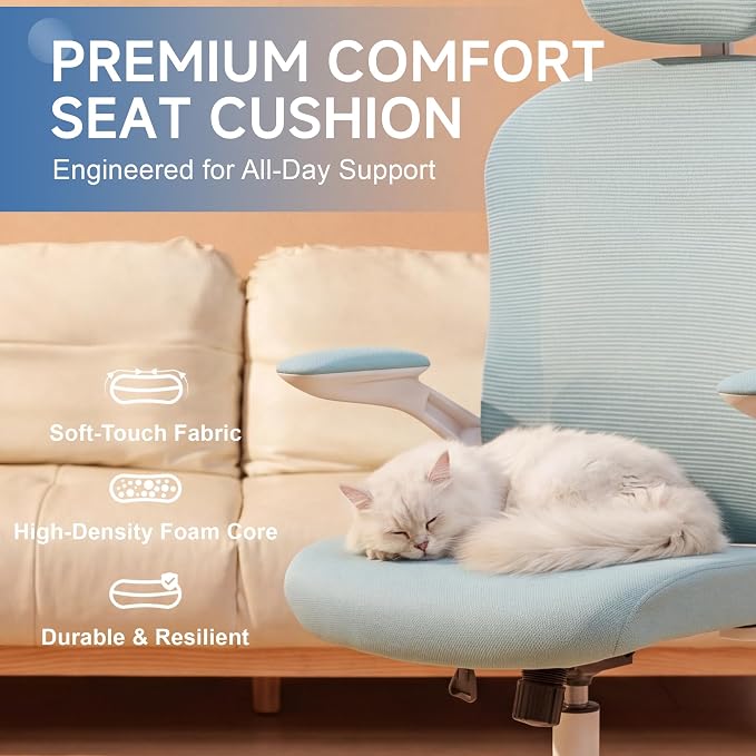 Ergonomic Office Chair with Adjustable Lumbar Support and Headrest, High Back Mesh Desk Chair for Home Office,Flip-Up Arms 90-120° Tilt Lock Rolling Swivel Task Chairs (White-Blue6065) - Image 7