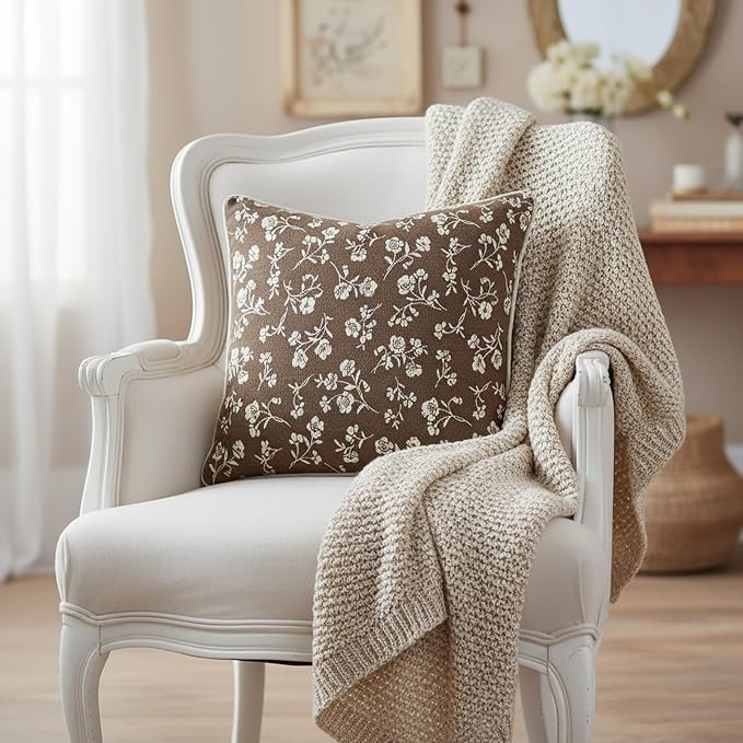 18x18 Chenille Jacquard Throw Pillow Cover, Taupe Gray Vintage Floral Cushion Case with Piped Edges, Decorative Accent for Sofa, Couch & Bed, 2 Pack - Image 6