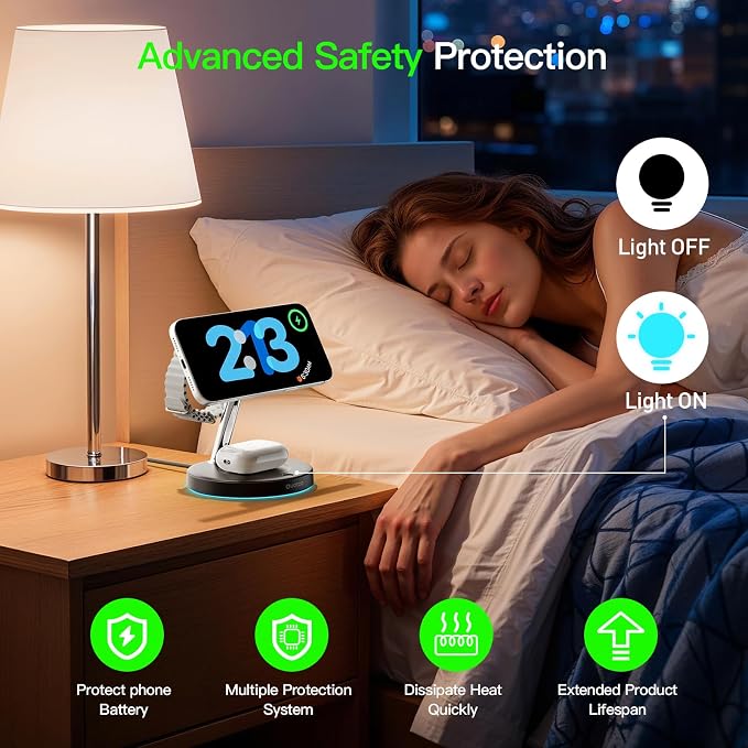 3 in 1 MagSafe Wireless Charger Stand for iPhone Apple Watch AirPods | Adjustable Blue Ambient Light,15W Magnetic Charging Station for iPhone 17 16 15 14 13 12 Series wireless charging station - Image 5