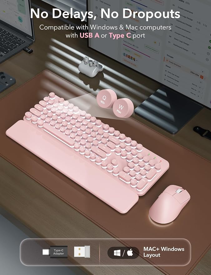 Wireless Keyboard and Mouse Backlit - Typewriter, Magnetic Wrist Rest | Retro Round Keys, Light Up Letters, 2.4GHz Cordless Combo for Mac, Windows, PC, Laptop, Trueque CK23Pro [Upgraded] - Image 3