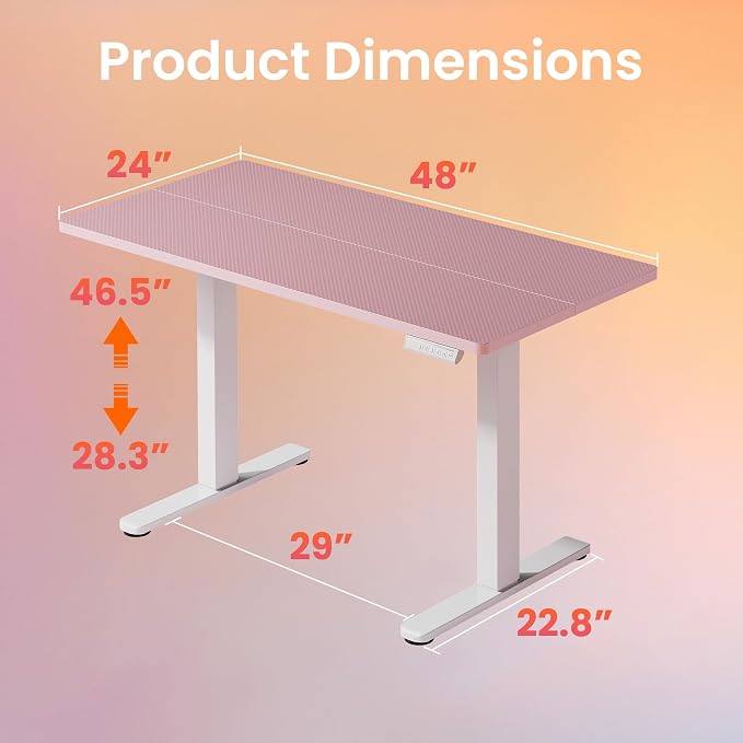 HUANUO 48x24 Inch Electric Standing Desk, Height Adjustable, Pink | 176 Lbs Capacity, Smooth Home Office Desk, 4 Memory Presets & Headphone Hooks, 28.3–46.5 Inch Height Range, Easy to assemble - Image 3