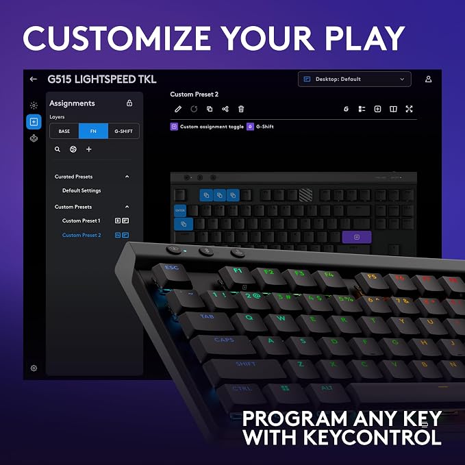 Logitech G515 Lightspeed TKL Wireless Gaming Keyboard (Linear) - Black | LIGHTSPEED wireless, LIGHTSYNC RGB, thin tenkeyless design, double-shot PBT keycaps, mechanical switches - Image 7