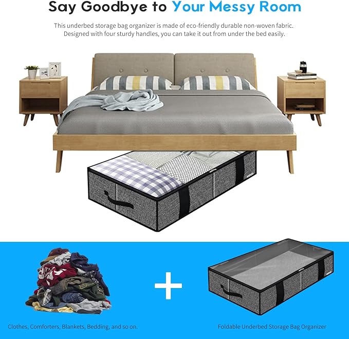 Onlyeasy Underbed Fabric Storage Bags Organizer with 4 Handles, 2 Zippers and Large Clear Window, for Clothes, Blankets, Bedding, Foldable with Sturdy Structure, 2 Pack, Linen-like Black, MXAUBBSS2P - Image 6