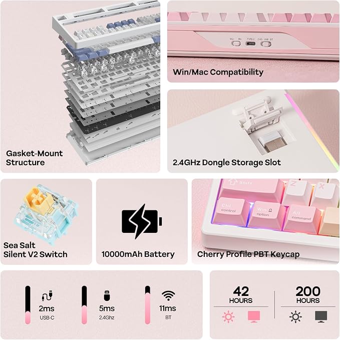 EPOMAKER TH108 PRO Full Size Mechanical Keyboard with Screen & Knob | Wireless Gaming Keyboard with 10000mAh, Creamy Gasket, Hot Swap, Custom Driver, RGB Backlight, NKRO (Pink, Sea Salt Silent) - Image 2