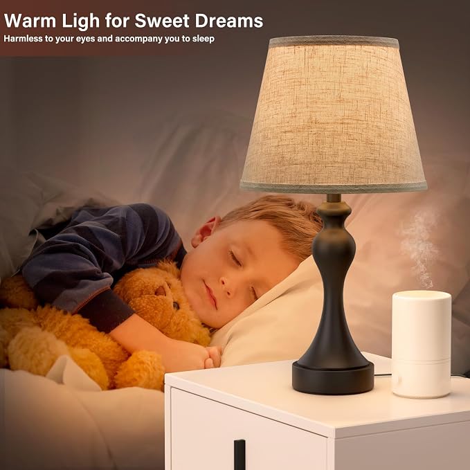 Touch Lamps for Nightstand, 3 Way Dimmable Bedside Lamps with USB C+A Ports | Touch Control, LED Bulb Included, Small Black Table Lamp for Bedroom, Night Stands, End Table, Gift，Corded，Beige Shade - Image 5