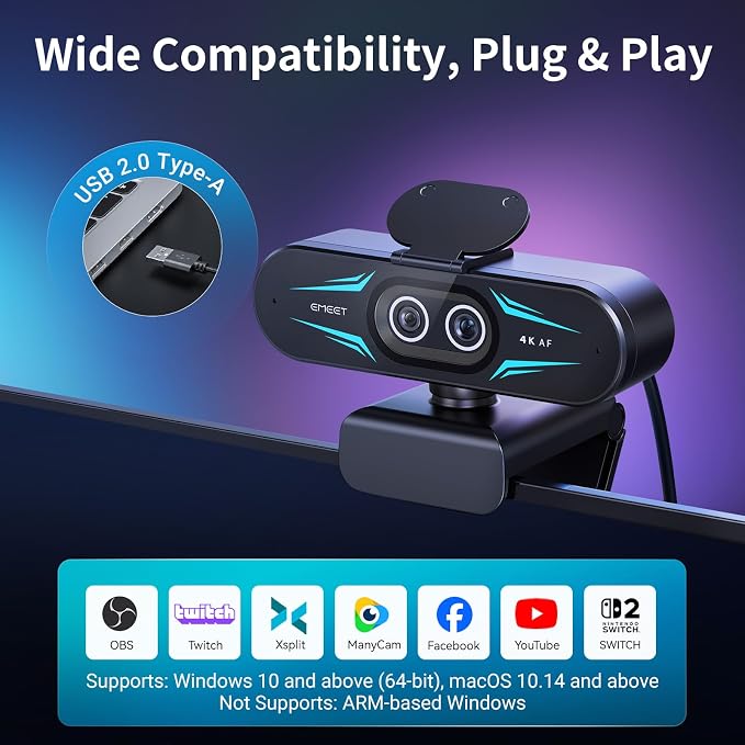 EMEET C60E Dual-Camera 4K Webcam for Streaming, Wide-Angle & Telephoto | Max 11X Hybrid Zoom & PDAF Autofocus, Remote Control, RGB Lighting, 2 Mics, Ideal for Livestreaming and Online Meeting - Image 8