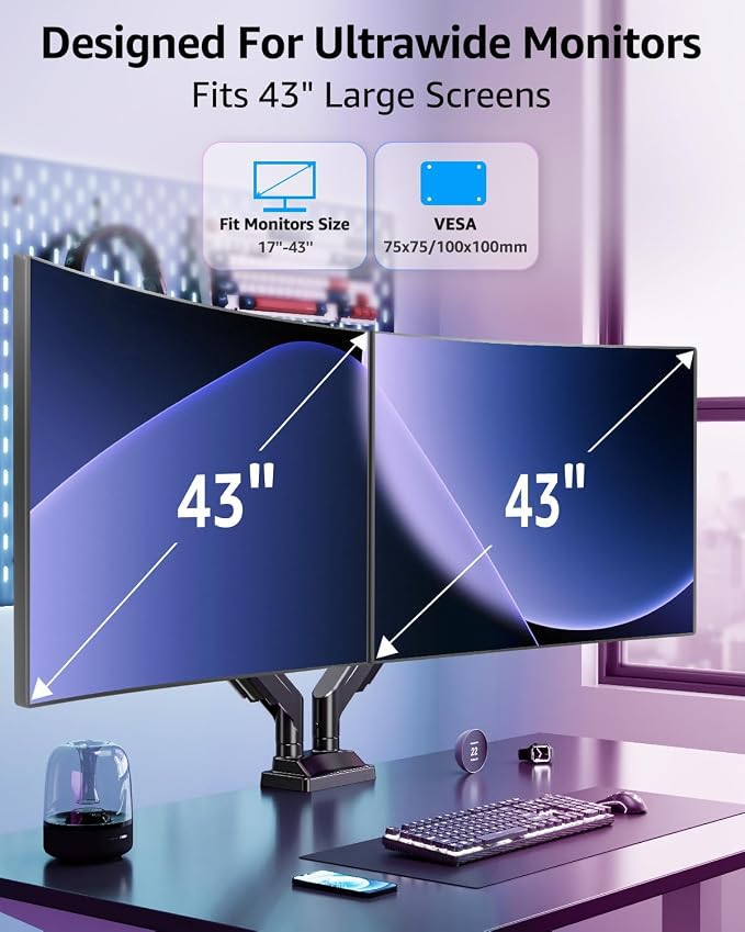 MOUNTUP Dual Monitor Stand for Max 43 inch Screens, Ultrawide Monitor Arm Height Adjustable, Heavy Duty Dual Monitor Mount, Full Motion Premium Monitors Arm, Holds 2.2 to 33 lbs, VESA Desk Mount - Image 2