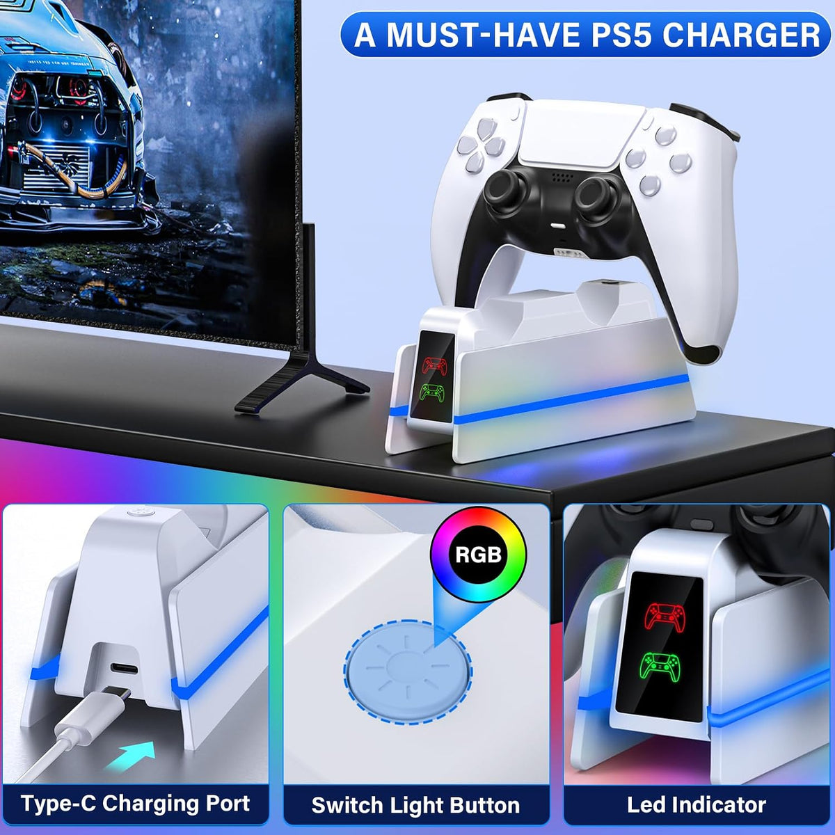 PS5-Controller-Charger-Station - Charging Station for PlayStation 5 Dualsense/Edge Controller with 9 Color Led Light, Fast Charging Dock & Holder Stand for PS5/Slim/Pro Remote - Whole White - Image 6