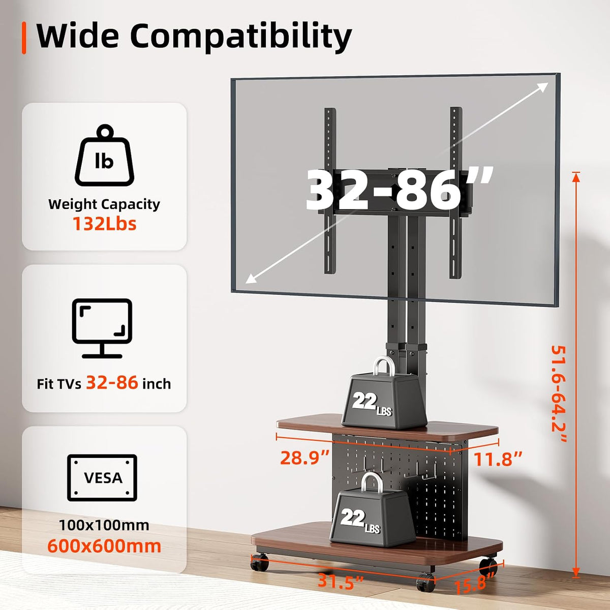 Mobile TV Cart on Wheels,Height Adjustable Rolling TV Stand for 32-85 inch TVs,with 5-Level Lift,35° Swivel,Portable Media Cart for Office,Outdoor - Image 2