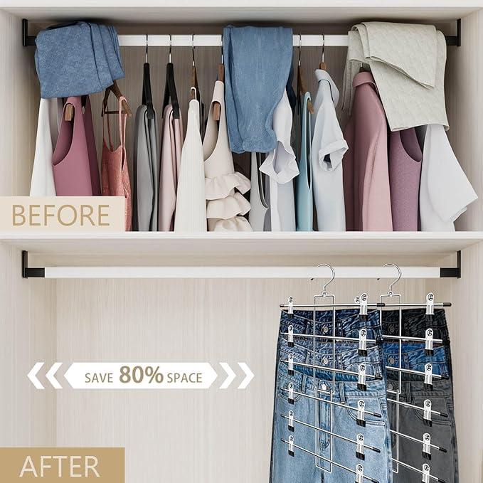 Pants Hangers with Clips,Space Saving Hanging Closet Organizer-6 Tiers Skirt Hangers with 360° Swivel Hook,Closet Organizer-Clothes Hangers- College Dorm Essentials Apartment Essentials-2 Pack - Image 2