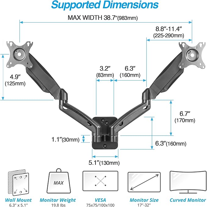 AVLT Dual 17"-32" Monitor Wall Mount fits Two Flat/Curved Computer Screen | 19.8 lbs Full Motion Height Swivel Tilt Rotation Adjustable Arm - VESA/Cable Management - Image 2