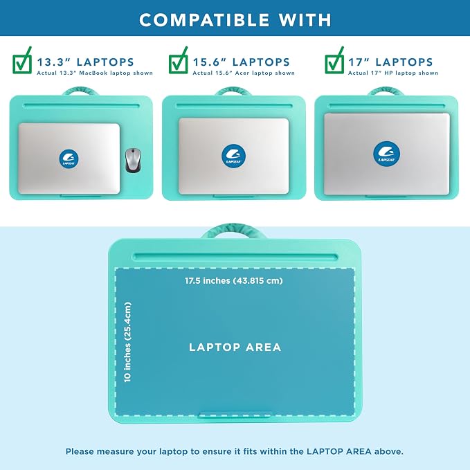 LAPGEAR The Original Lap Desk – Aqua Sky, Fits 17" Laptops | Microbead Cushion, Device Ledge, Built-In Pencil Tray, Carry Handle - Image 3