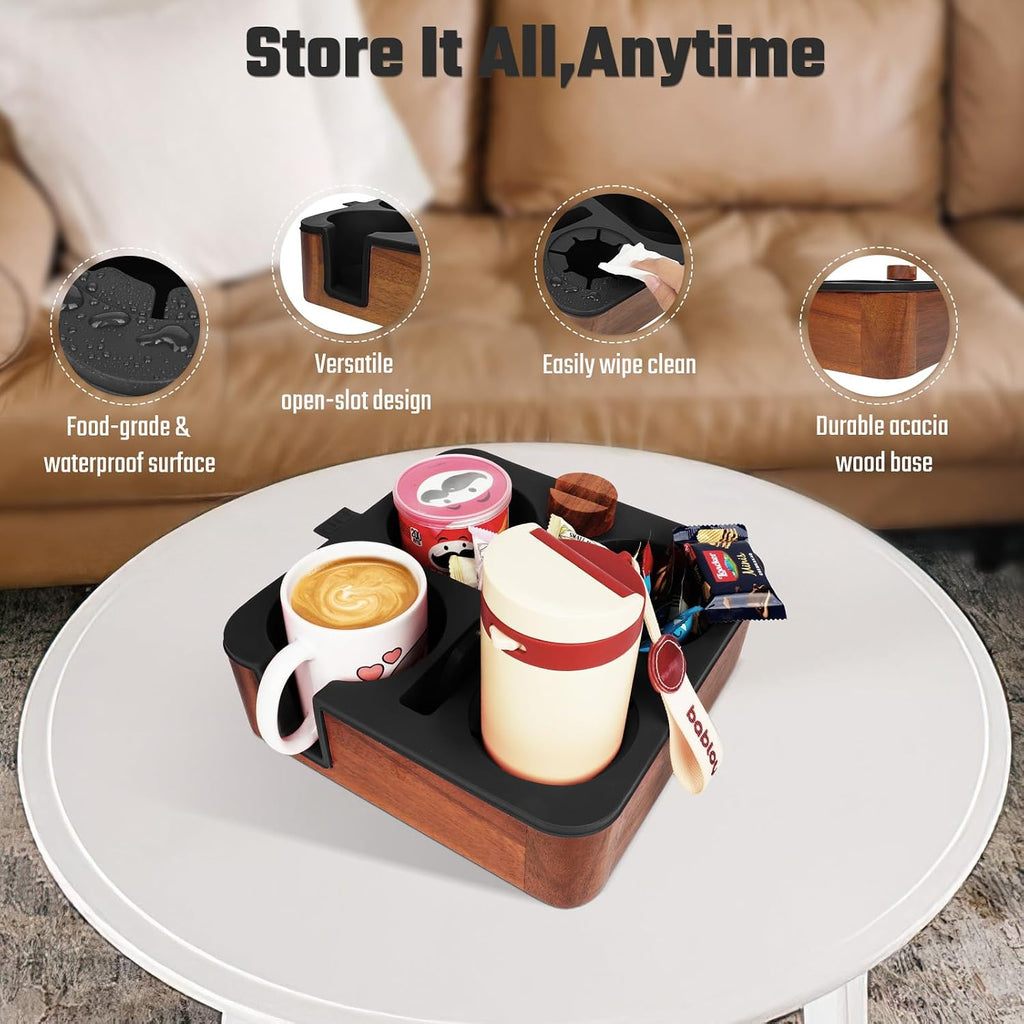 Couch Cup Holder Tray, Real Acacia Wooden Caddy with Soft Silicone, Snack and Drink Organizer- Perfect Movie Night Accessories for Bed, Remote and Cup Holders for Sofa (Black) - Image 2
