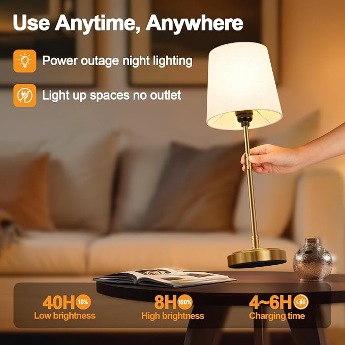 Cordless Table Lamps Set of 2 – Battery Operated Lamp with 7500mAh Rechargeable Battery, Stepless Dimmable Vintage Brushed Gold Desk Wireless Lamps for Dining Room, Nightstand & Patio (Bulbs Included) - Image 5