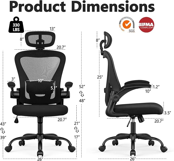 Office Chair, Ergonomic Computer Desk Chair with 3D Headrest | Comfy Home Office Desk Chair with Adjustable Lumbar Support & Flip-up Armrests, 330LBS High Back Mesh Gaming Chair, Black - Image 2