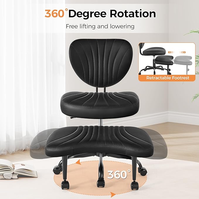 Cross Legged Office Chair,Ergonomic Criss Cross Chair with Wheels | 360° Swivel Height-Adjustable Meditation Chair for Yoga & ADHD, Wide Kneeling Chair with Strong Lumbar Support (Black) - Image 5