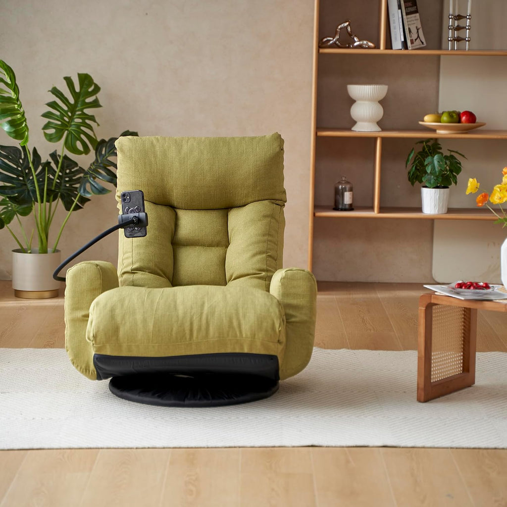 360° Swivel Floor Gaming Chair Linen Folding Chaise Lounge Chair Adjustable Comfy Sofa Chair with Armrests, Phone Holder & Padded Cushion, Ideal for Living Room, Bedroom (Green) - Image 9