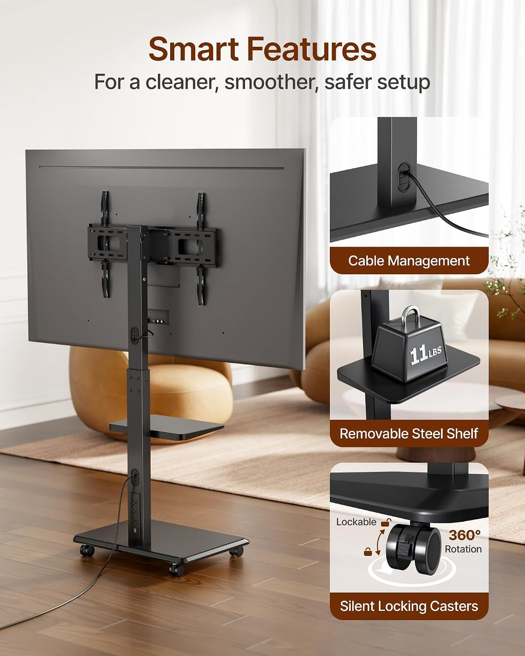 Steel Base Rolling TV Stand with Power Outlet for 32-75 inch TVs,BL - Image 6