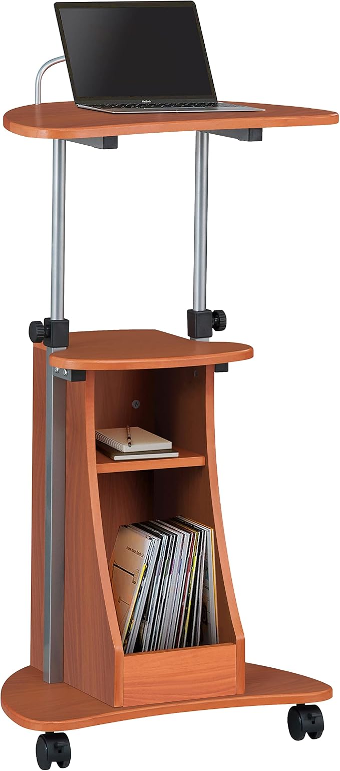 Adjustable Height Laptop Cart With Storage. Color: Woodgrain | Adjustable height rolling laptop cart with storage drawer, open shelf, wheels, sit‑stand design for office or medical use by TechniMobili