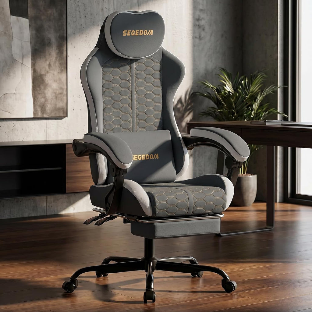 Honeycomb Embossed Gaming Chair with Footrest & Massage Lumbar Support, Adjustable Ergonomic Office Chair for Adults, 300 lbs (Grey White) - Image 2