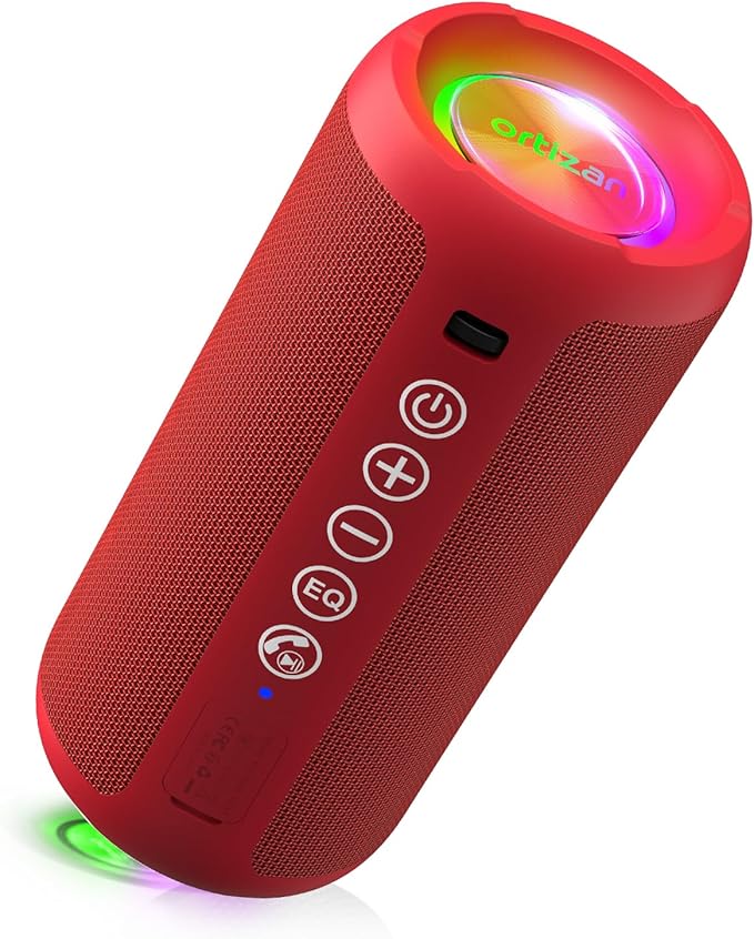 Ortizan Portable Bluetooth Speaker, IPX7 Waterproof, Wireless, Bright Red | 24W Loud Stereo Sound, Deep Bass, Bluetooth 5.3, RGB Lights, Dual Pairing, 30H Playtime for Home/Outdoor/Party, Birthday Gift by Ortizan