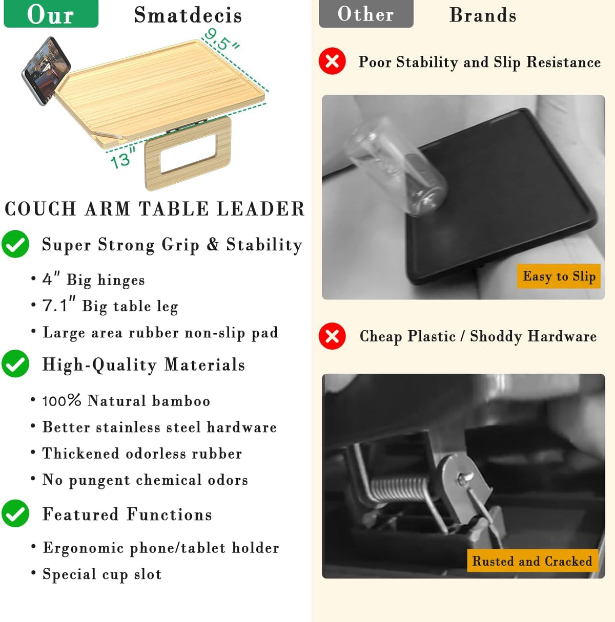 Couch Arm Tray Table Sofa Arm Clip, Armrest Tray Table Suitable for Home Drinks/Fast Food/Fruit Etc, Large Size Multi-Function Natural(Dual Phone/Tablet Holder) - Image 5