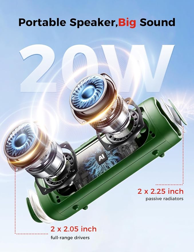 Bluetooth Speaker, 20W HD Sound, Portable Wireless, IPX5 Waterproof, Up to 24H Playtime, TWS Pairing, for Home/Party/Outdoor/Camping/Beach Essentials, Electronic Gadgets, Birthday Gift (Green) - Image 2