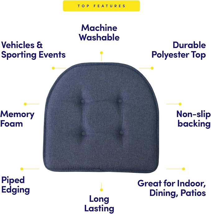 Sweet Home Collection Chair Cushion Memory Foam Pads Tufted Slip Non Skid Rubber Back U-Shaped 17" x 16" Seat Cover, 12 Count (Pack of 1), Denim Blue - Image 5