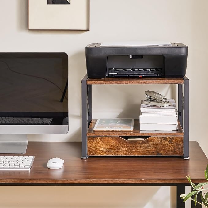 IBUYKE 2 Tier Desktop Printer Stand with Drawer Storage TLJ006H | Multi-Purpose Desk Organizer,Wooden Printer Stand for Folders,Books,for Fax Machine, Scanner,Home Office - Image 4