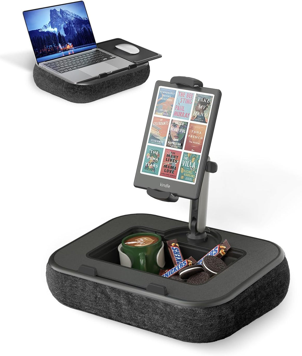 Viozon Kindle Pillow Stand Holder, Phone holder for Bed, Laptop Lap Desk with Mouse Pad,Compatible with 4.7-13" Kindle/Tablet/Phone,10-15"Laptop, Snack Bowl&Cup Attachment&Detachable 360°Stand Arm, B by Viozon